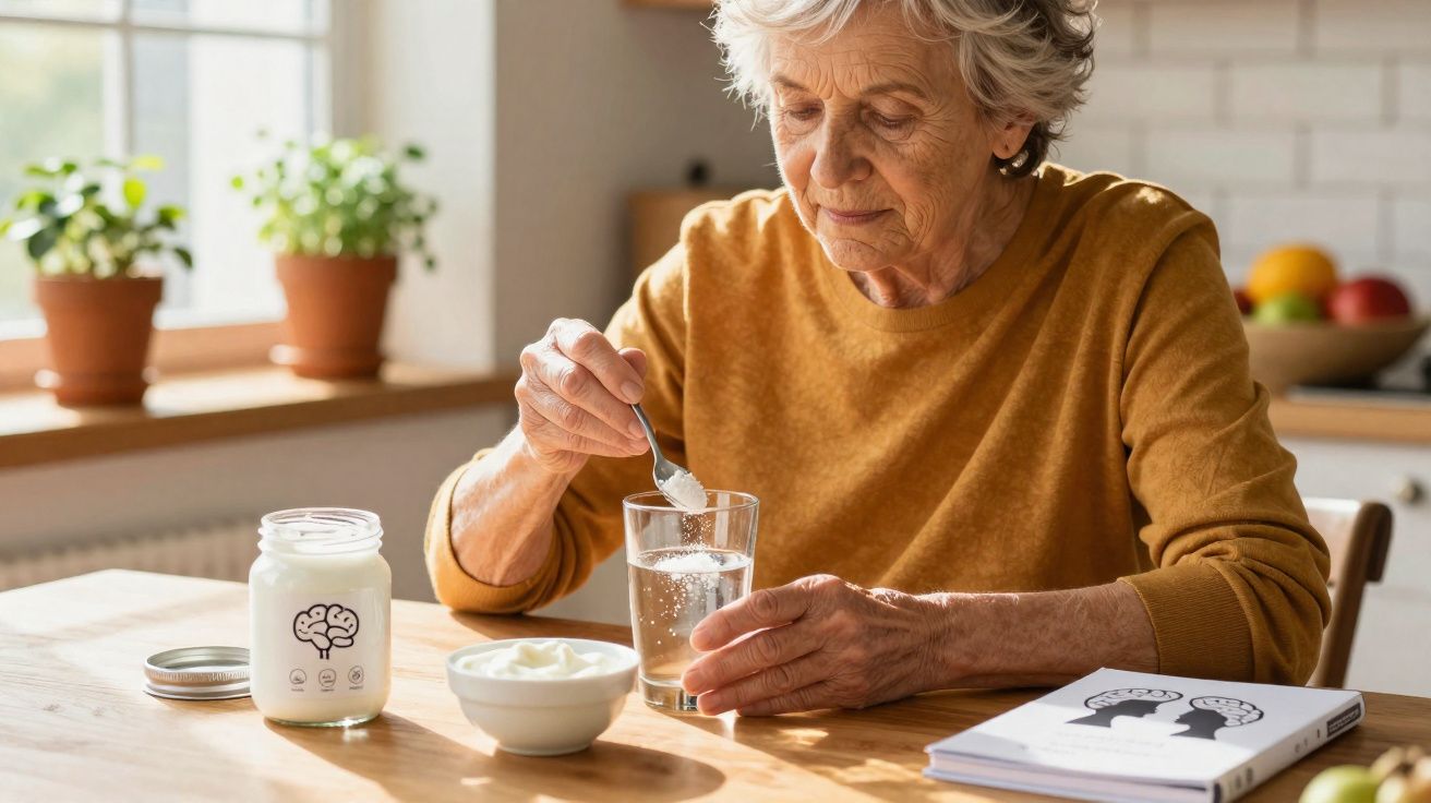 Idosa adiciona suplemento em pó em copo d'água na cozinha iluminada, com pote e livro ao lado.