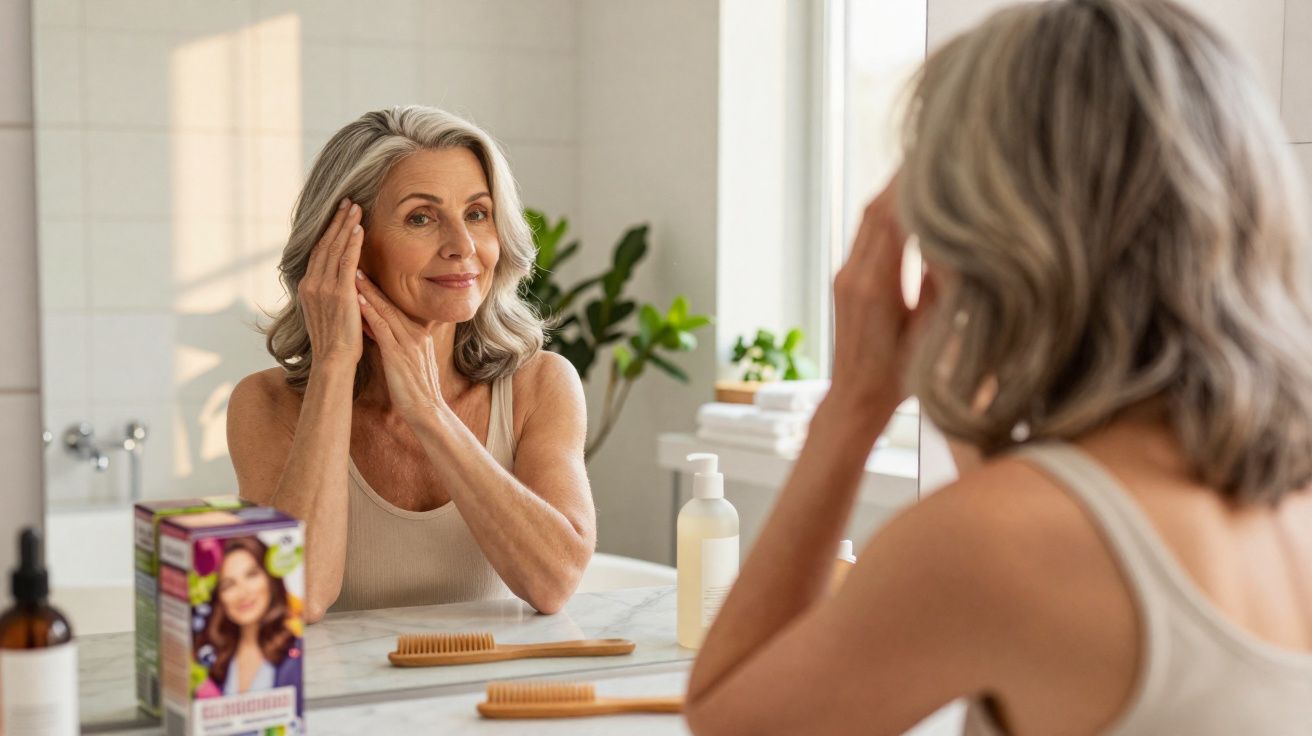 Mulher madura olhando no espelho enquanto cuida dos cabelos e da pele em banheiro iluminado.