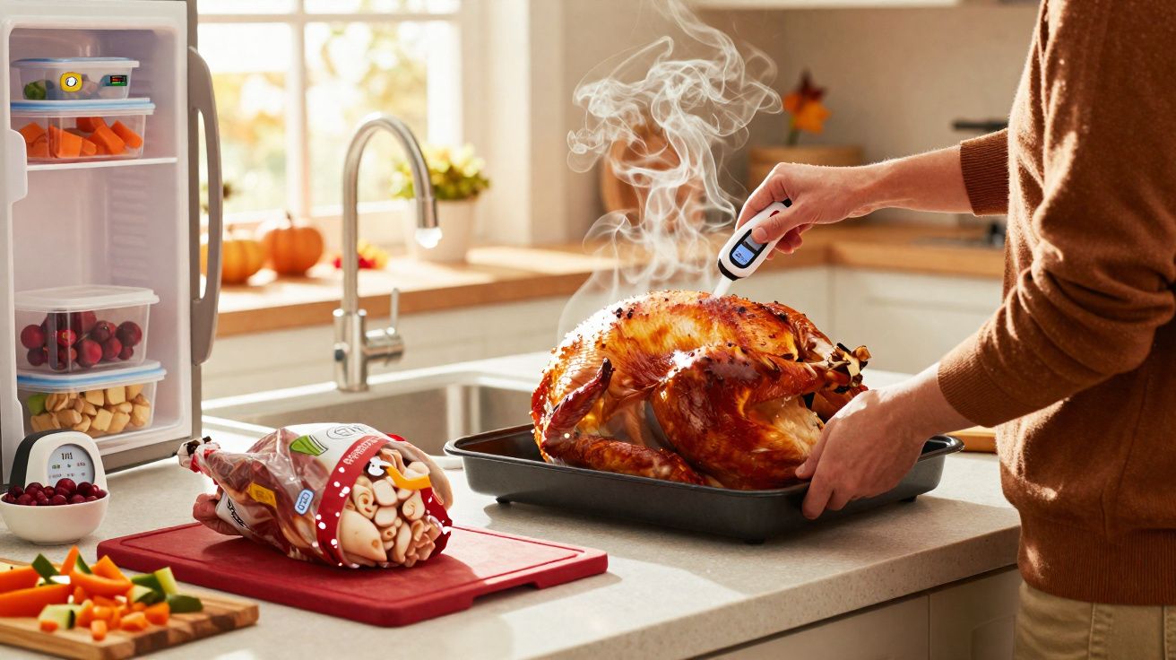 Pessoa medindo a temperatura de um peru assado em uma cozinha iluminada e organizada.