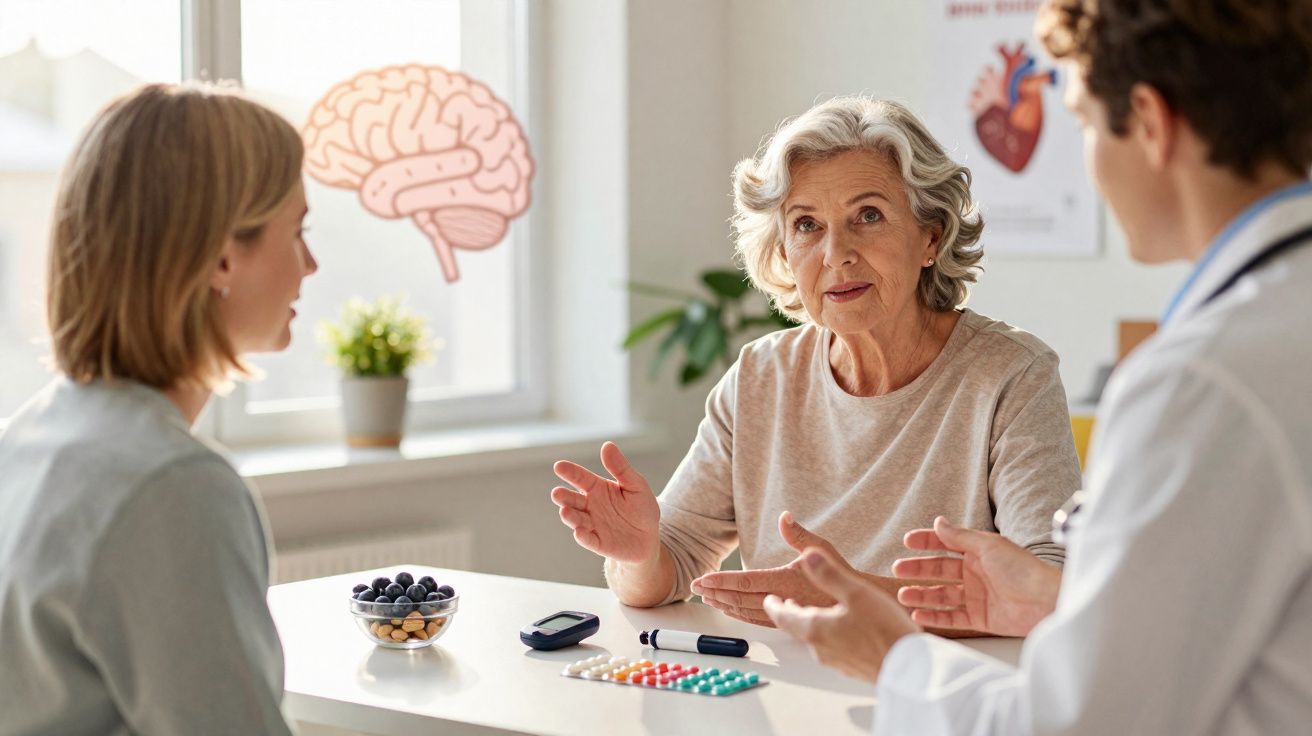 Mulher idosa conversando com profissional de saúde e cuidadora sobre medicação e saúde cerebral.