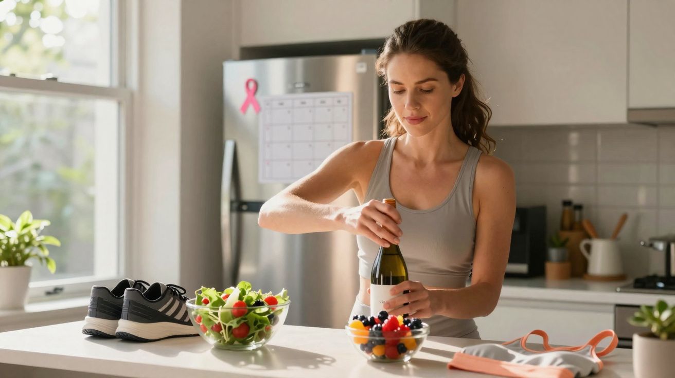 Mulher abrindo garrafa de vinho na cozinha, com salada, frutas e tênis sobre a bancada.