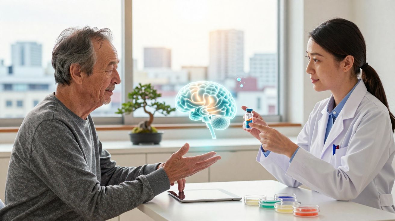 Paciente idoso conversa com médica que segura frasco e holograma de cérebro entre eles em consultório.