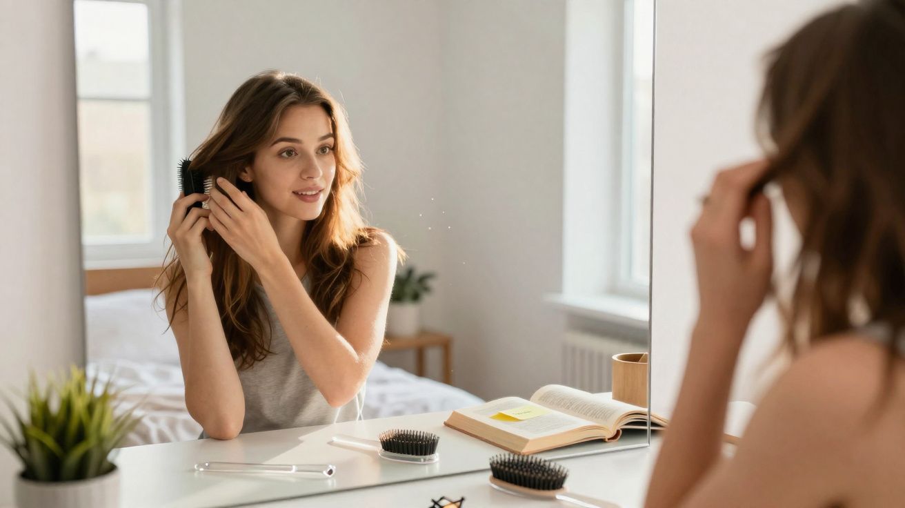 Mulher jovem penteando o cabelo à frente do espelho em um quarto iluminado pela luz natural.