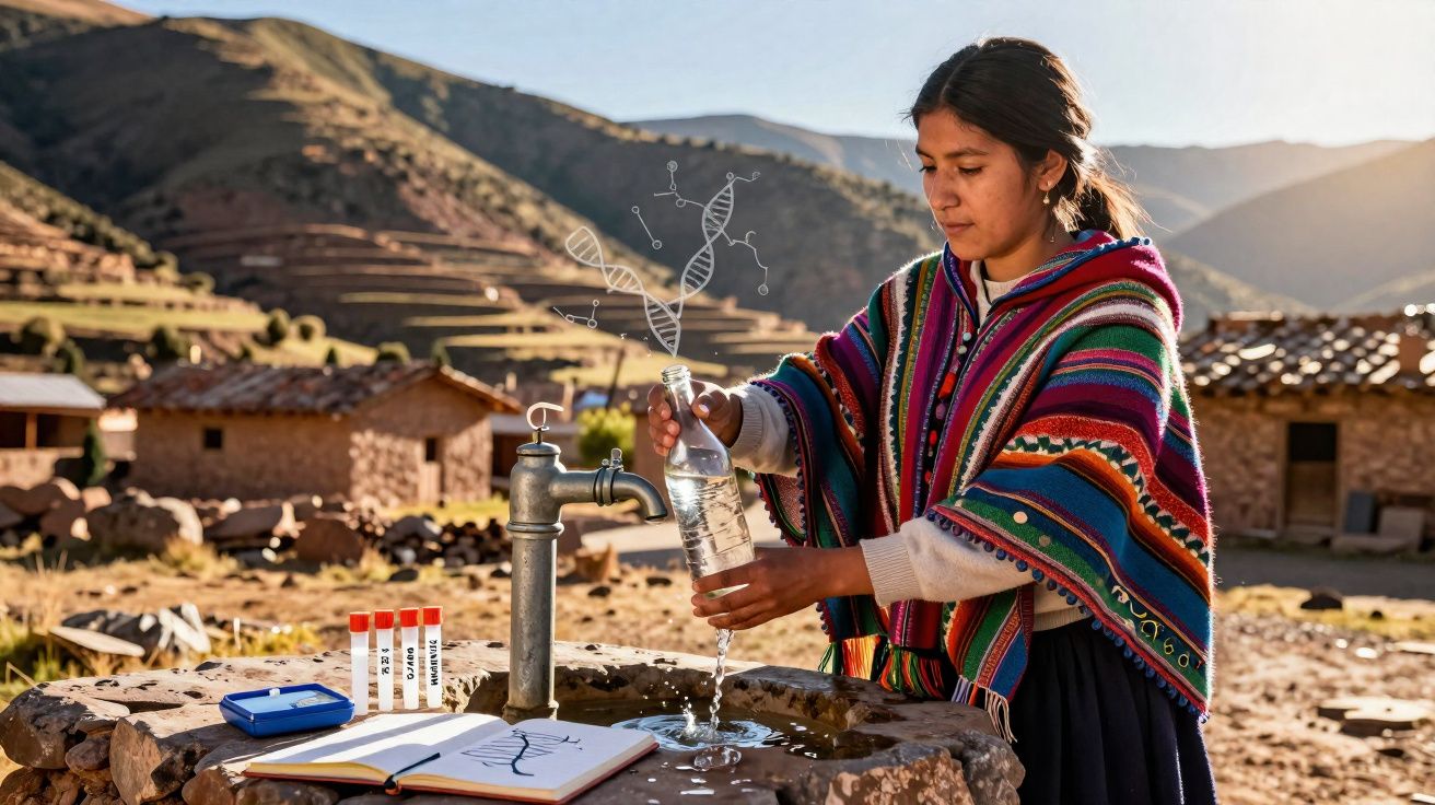 Mulher vestindo roupa tradicional enche garrafa de água em fonte rústica em vila rural andina.