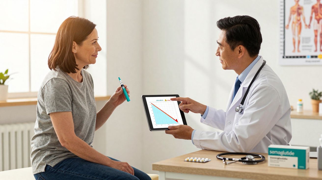 Médico mostrando gráfico em tablet para mulher segurando caneta de insulina em consultório.
