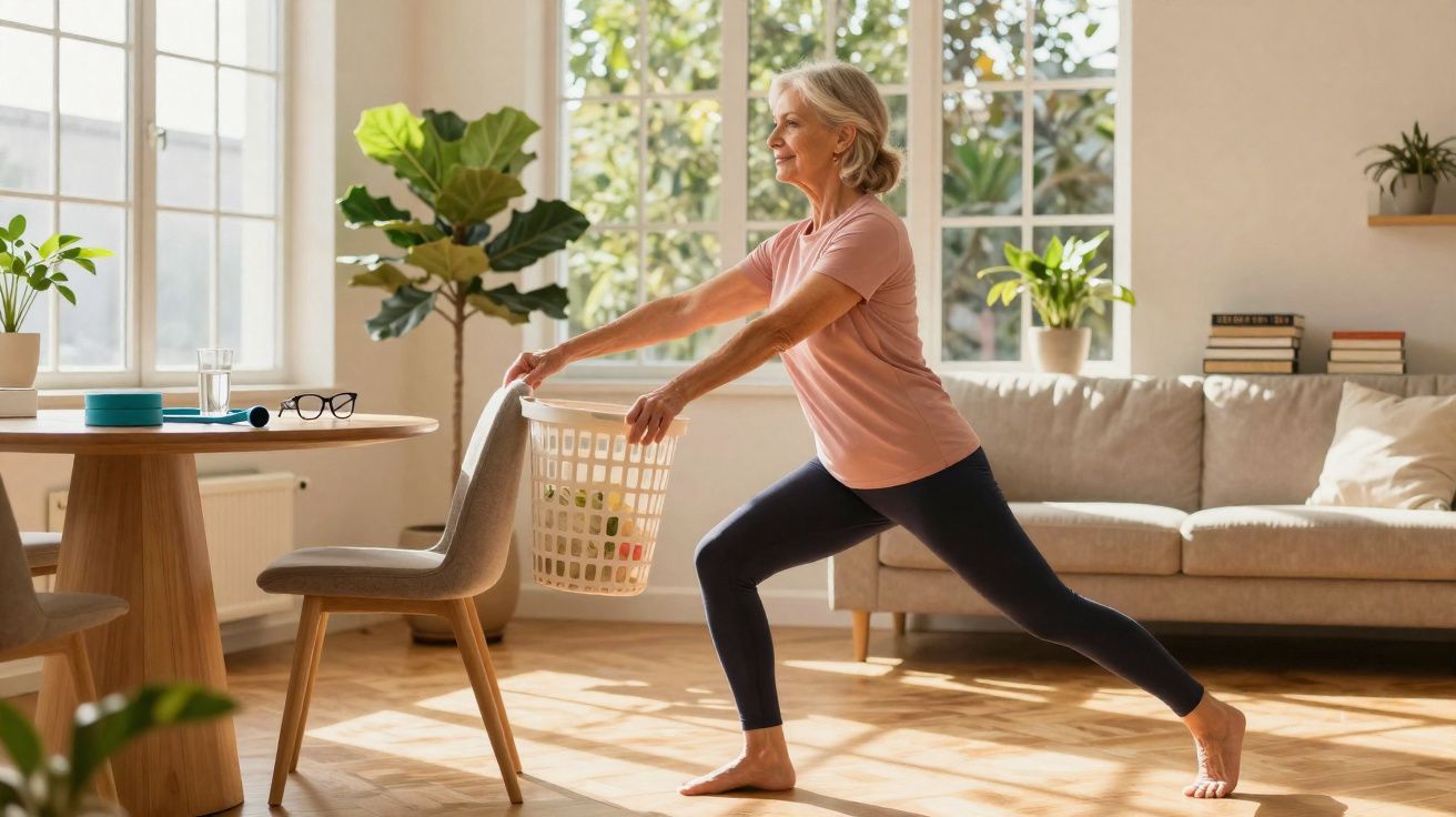 Mulher idosa fazendo alongamento apoiada em cadeira em sala iluminada e acolhedora.