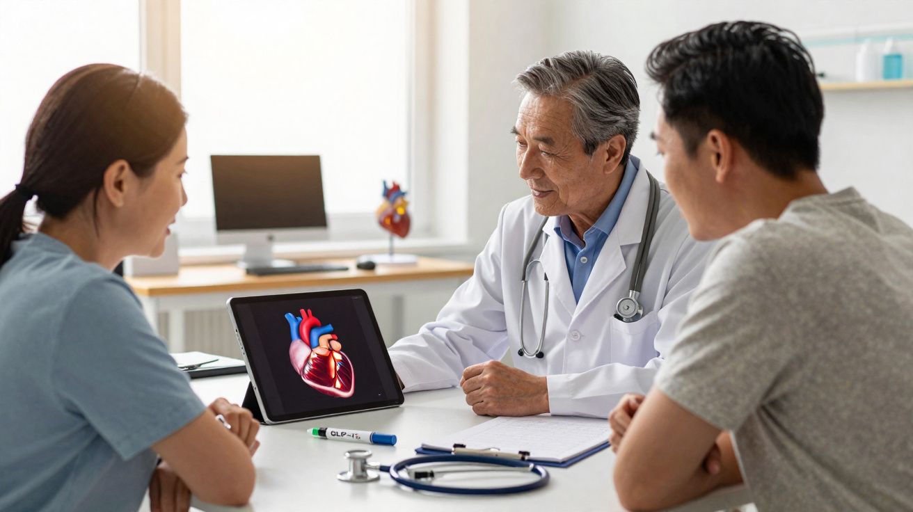 Médico mostra imagem de coração em tablet para casal em consulta médica em ambiente claro e profissional.