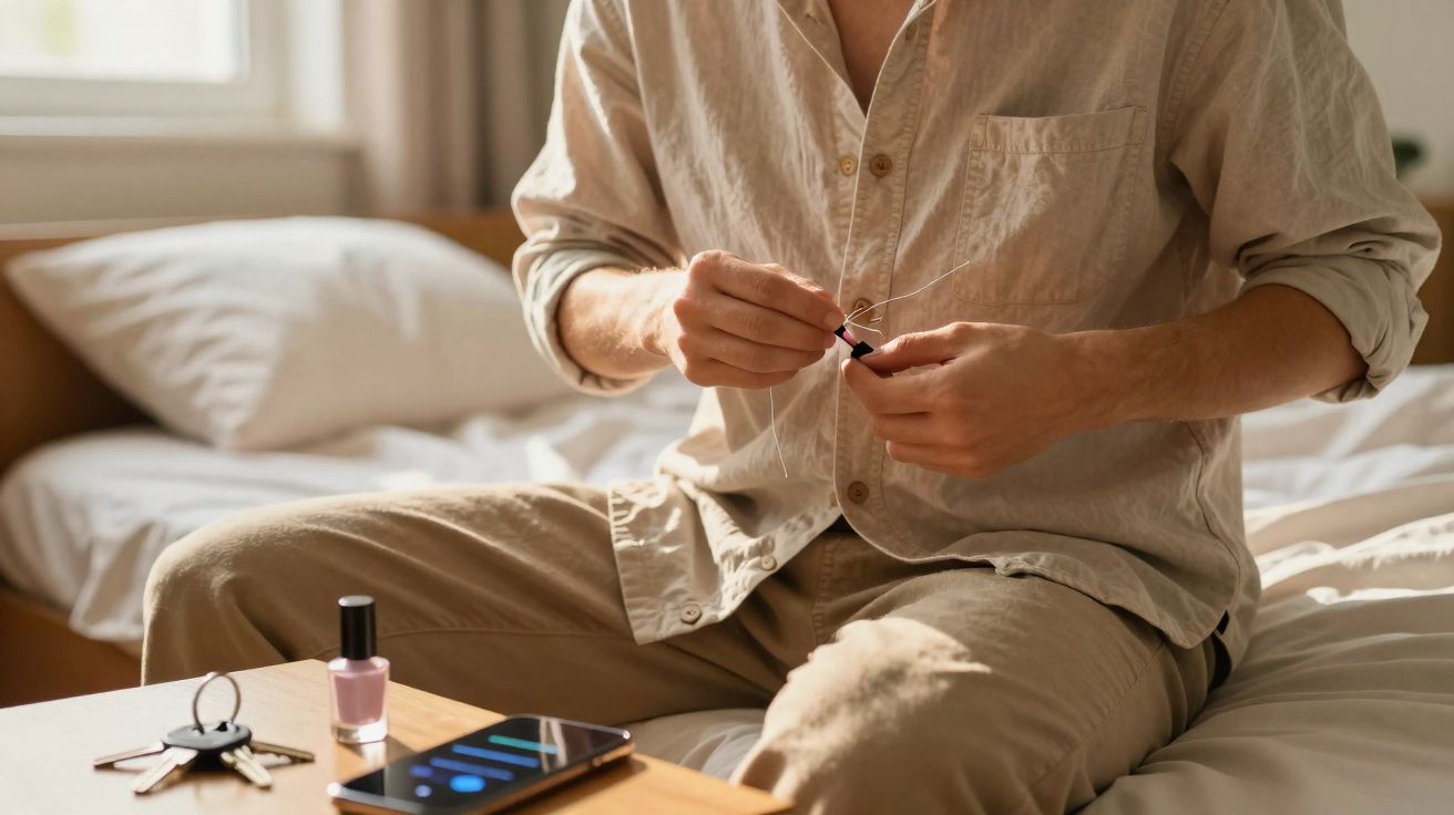 Pessoa sentada na cama aplicando esmalte nas unhas, com celular e chaves sobre a mesa.