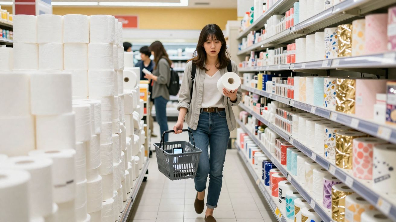 Mulher jovem segurando papel higiênico e cesta de compras em corredor de supermercado com prateleiras cheias.