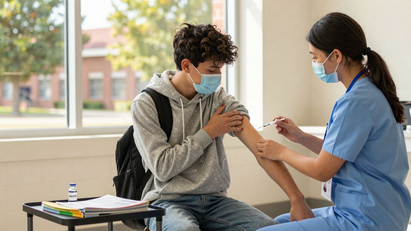 Jovem usando máscara recebe vacina no braço aplicado por profissional de saúde com uniforme azul.