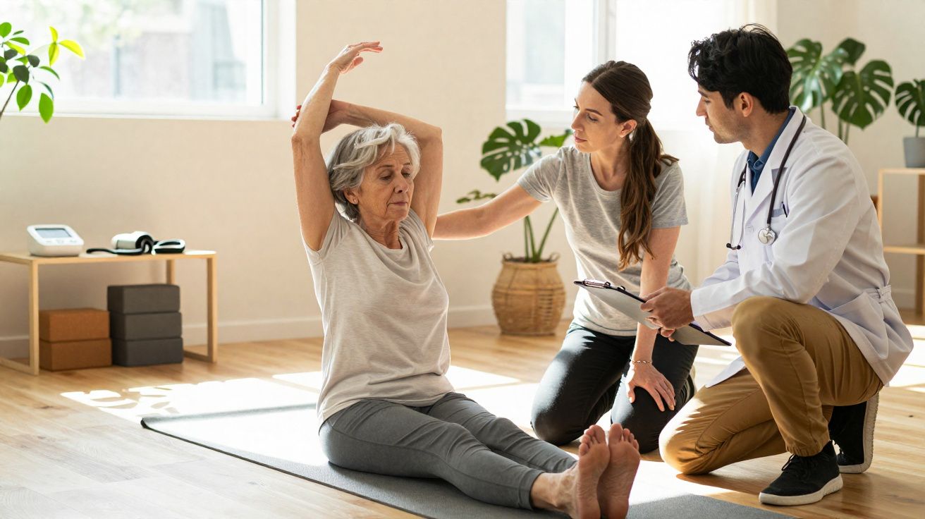 Idosa fazendo alongamento com auxílio de profissional de saúde e instrutora em ambiente claro e acolhedor.
