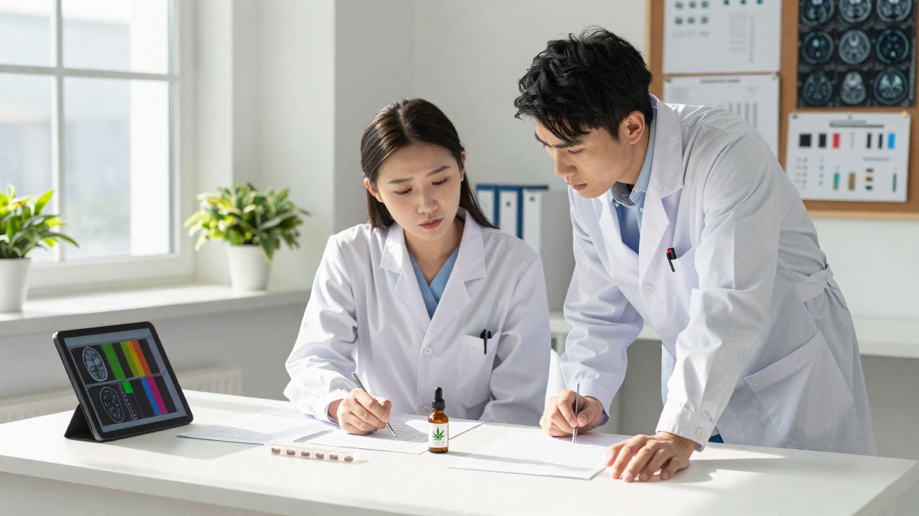 Dois cientistas revisando documentos em laboratório com frasco de medicamento e tablet ao lado.