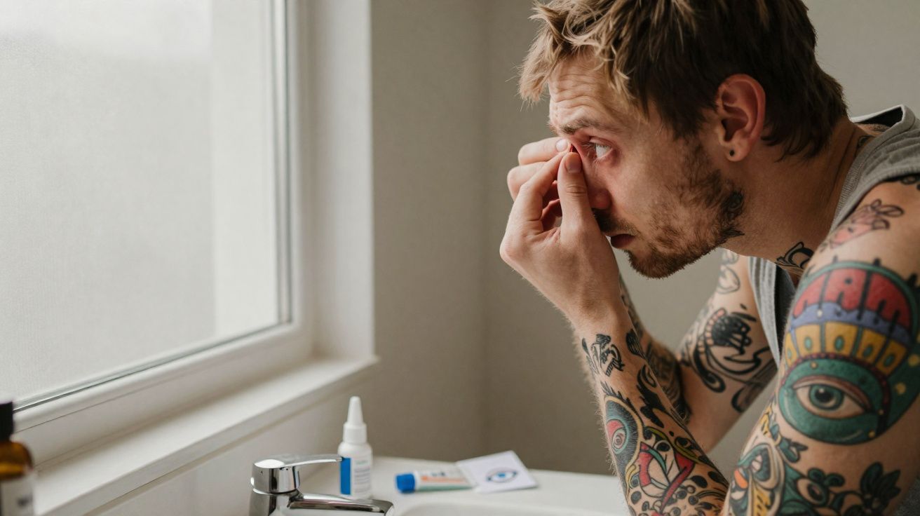 Homem tatuado aplicando colírio no olho esquerdo em frente a uma janela em banheiro iluminado.