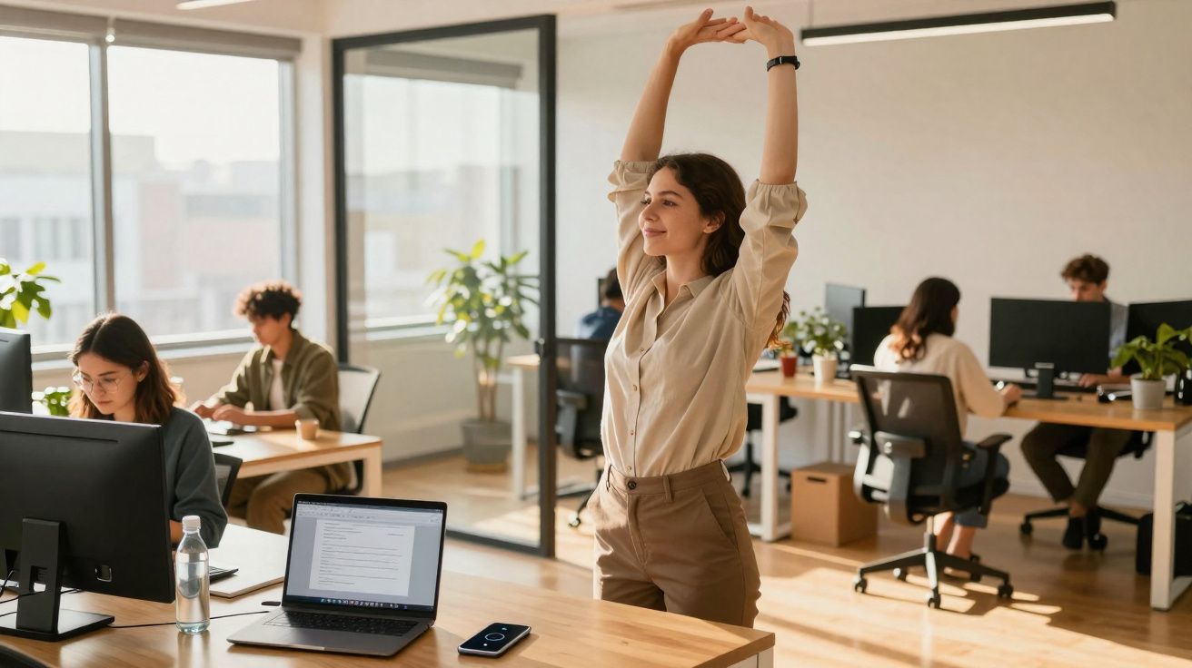 Mulher se espreguiçando em escritório moderno enquanto colegas trabalham em mesas ao redor.