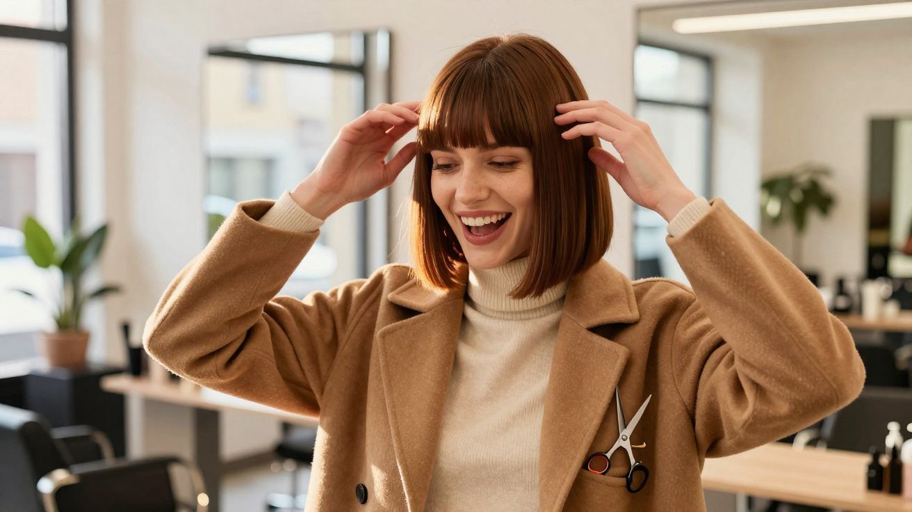 Mulher sorridente com cabelo curto e liso em salão de beleza, vestindo casaco bege e suéter branco.