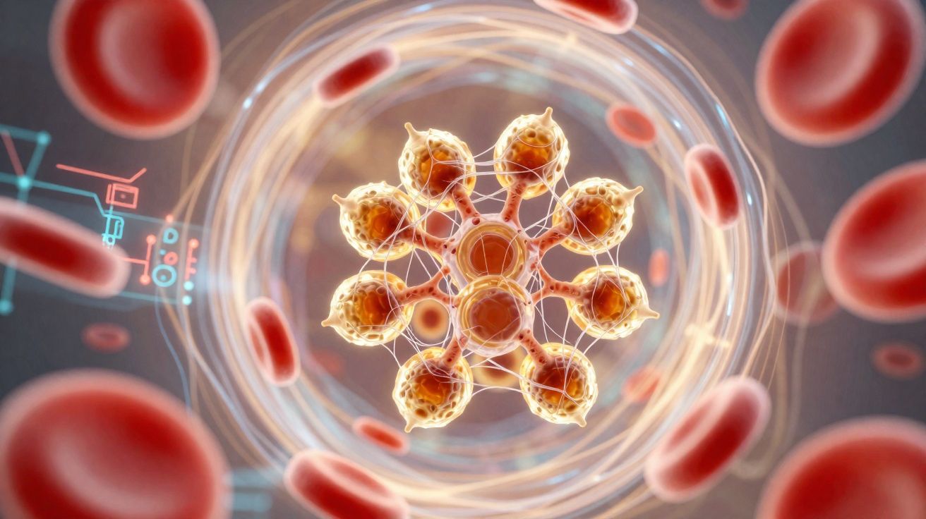 Ilustração digital de vírus ou célula complexa cercada por glóbulos vermelhos no sangue.