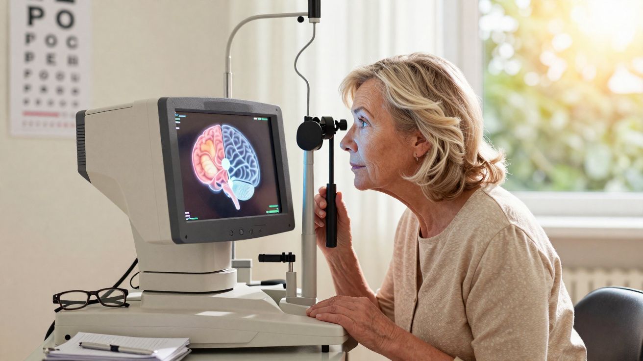 Mulher idosa realizando exame oftalmológico com equipamento que mostra imagem colorida do cérebro na tela.