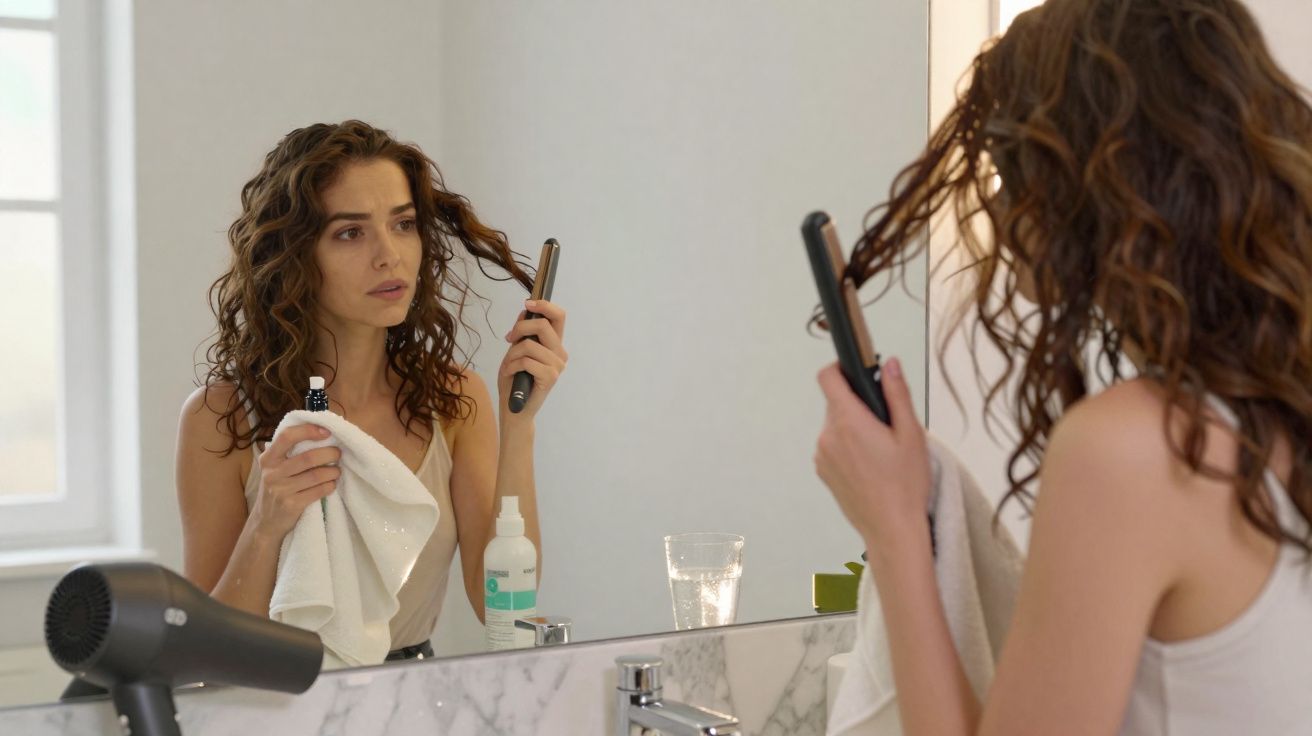Mulher com cabelos cacheados usando chapinha em frente ao espelho no banheiro.