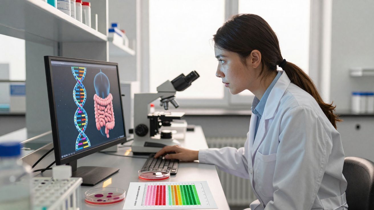 Cientista analisando DNA e intestino humano em tela de computador em laboratório moderno.