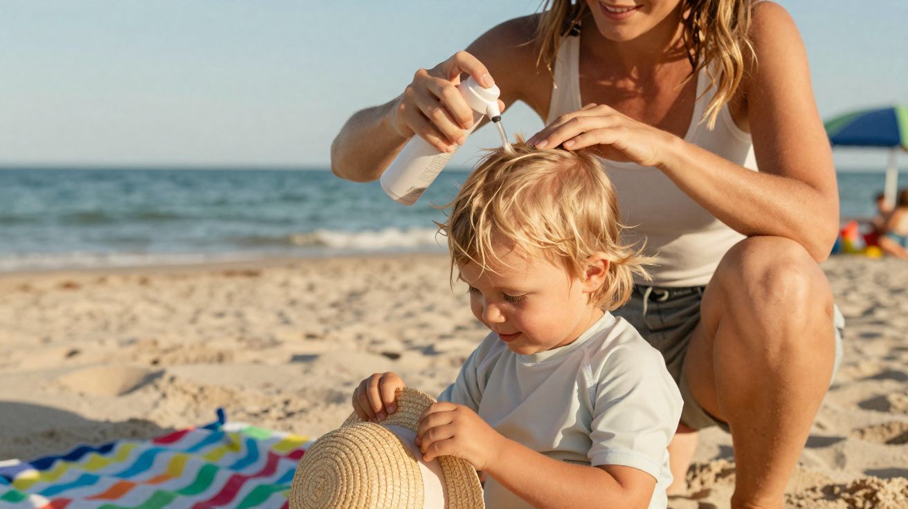 Mulher aplicando protetor solar no cabelo de criança loira em praia ensolarada com toalha colorida.