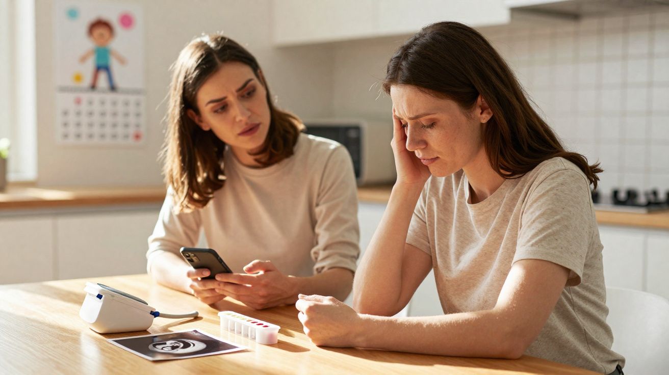 Duas mulheres preocupadas sentadas à mesa com teste de gravidez e ultrassom em ambiente doméstico.