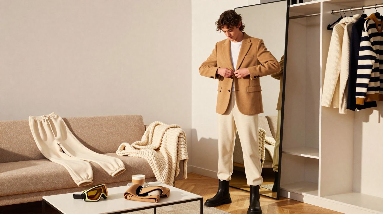 Jovem ajusta blazer caramelo em quarto moderno com sofá, roupas penduradas e espelho grande.