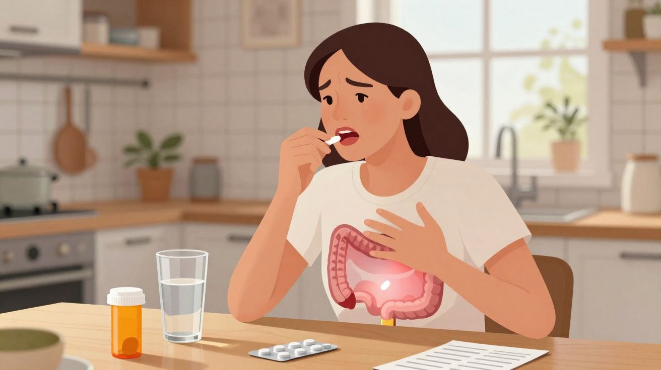 Mulher sentada na cozinha tomando remédio, segurando o peito com dor, com ilustração do intestino no corpo.