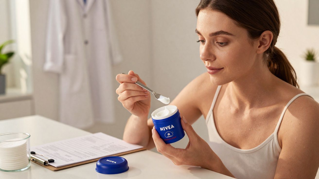 Mulher segurando pote de creme Nivea e pegando produto com espátula em ambiente clínico.