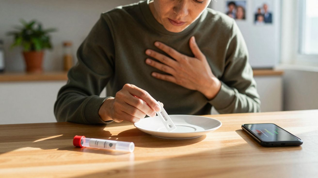 Pessoa com roupa verde analisando teste rápido com mão no peito, mesa de madeira com celular e tubo de ensaio.