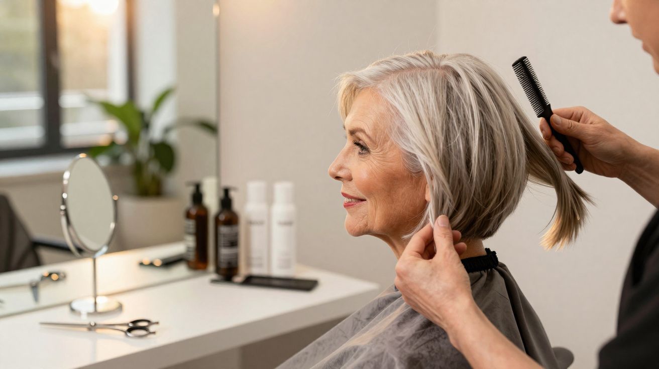 Mulher idosa sorrindo enquanto cabeleireiro penteia seu cabelo curto e grisalho em salão.