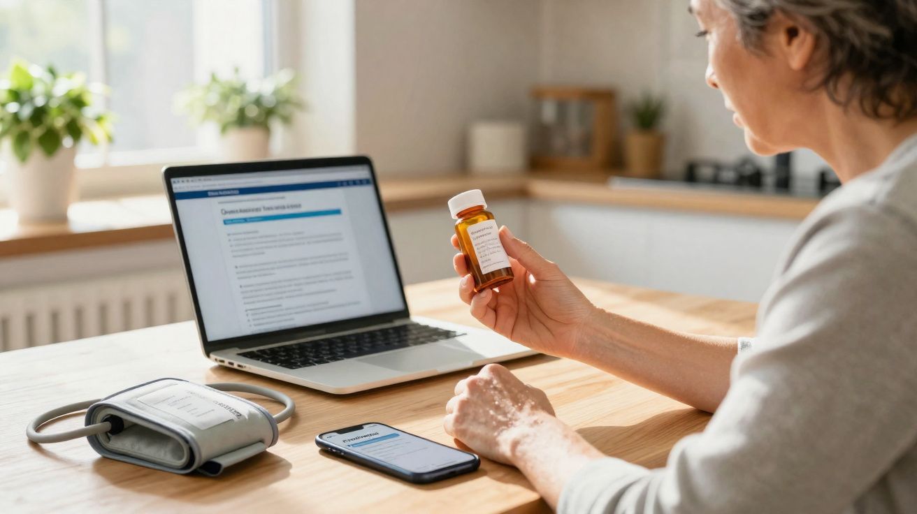 Mulher idosa segurando frasco de remédio, com laptop, celular e medidor de pressão na mesa.