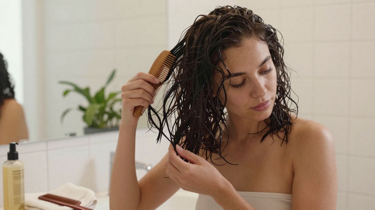 Mulher penteando cabelo molhado com pente de madeira em banheiro com azulejos brancos.