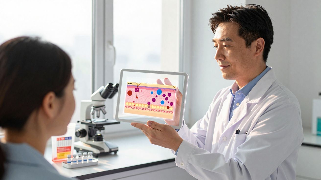 Médico mostrando a paciente um gráfico ilustrativo da pele em um consultório moderno.