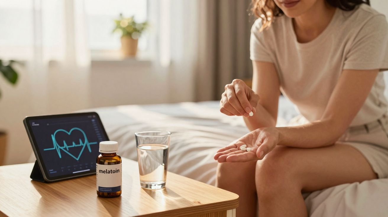 Mulher sentada na cama segurando comprimidos, com frasco de melatonina, copo de água e tablet na mesa à frente.