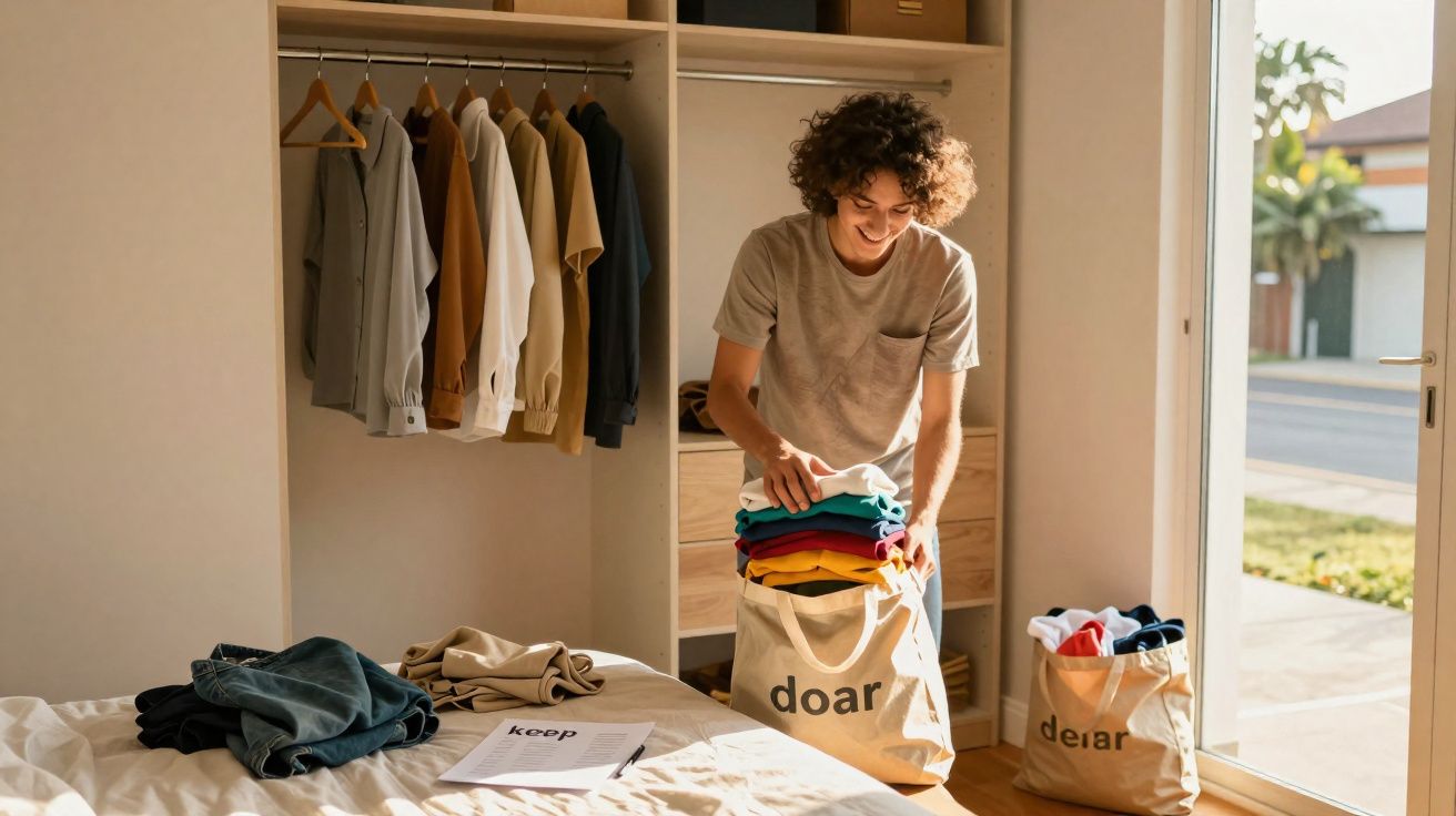 Jovem organizando roupas em sacos com escritos "doar" e "deixar" em quarto iluminado pelo sol.