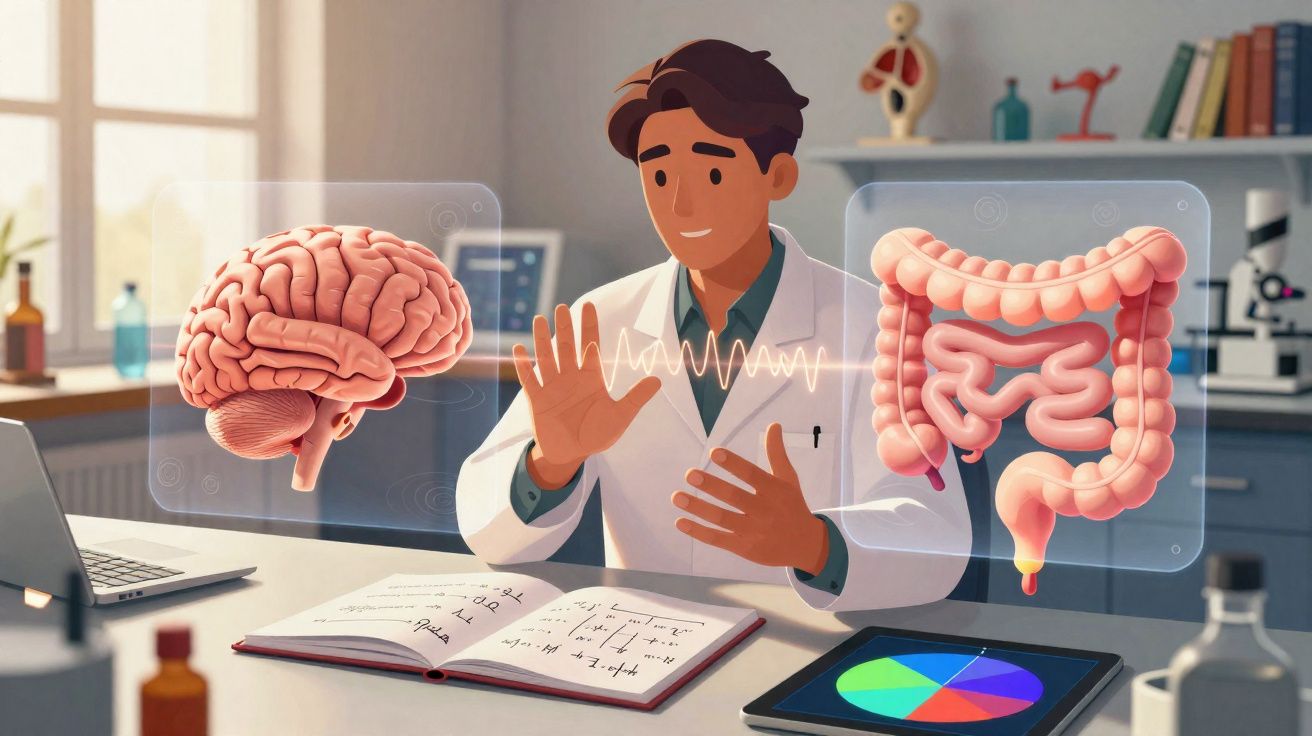 Médico analisando hologramas do cérebro e intestinos com laudo e tablet na mesa em laboratório.