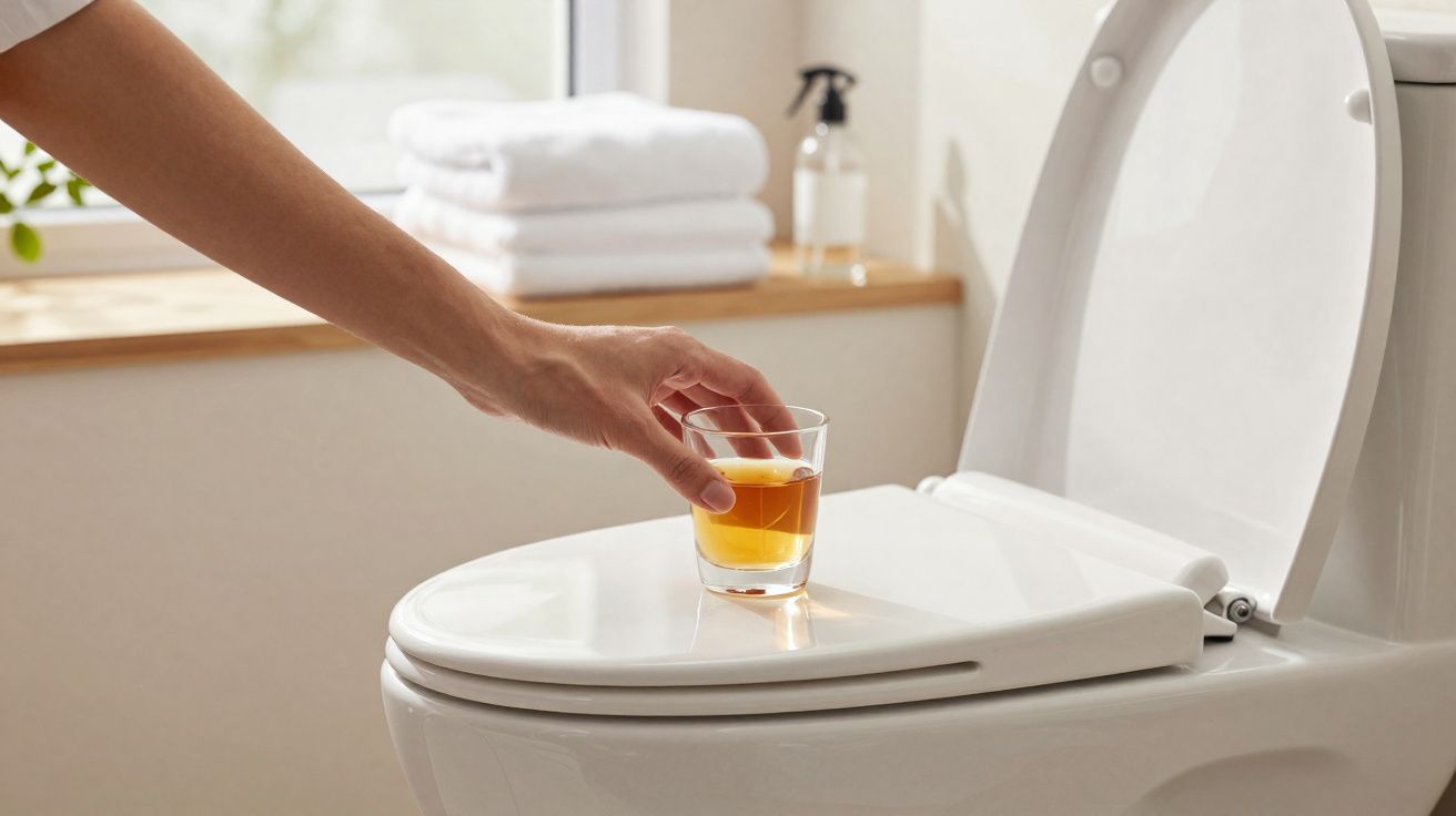 Pessoa colocando copo com líquido amarelo sobre vaso sanitário fechado em banheiro claro.