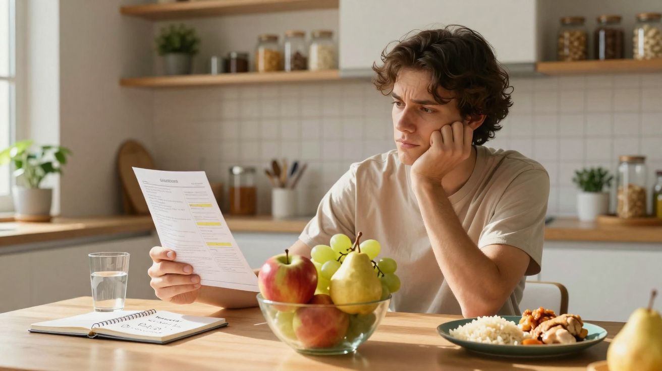 Jovem sentado à mesa de cozinha, analisando uma folha com expressão pensativa e frutas à frente.