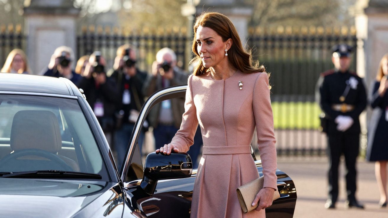 Mulher elegante com vestido rosa e broche abrindo porta de carro preto em evento ao ar livre.