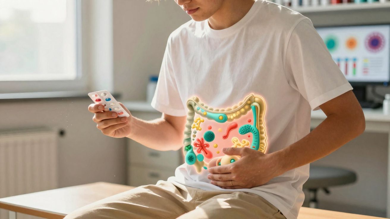 Pessoa segurando remédios com imagem ilustrativa do intestino no abdômen, indicando problemas digestivos.