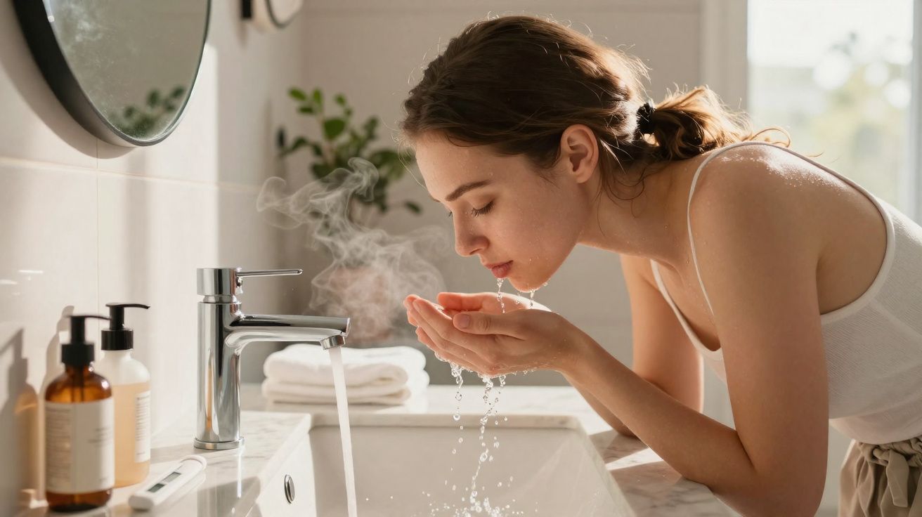Mulher lavando o rosto com água quente em banheiro iluminado pela luz natural.