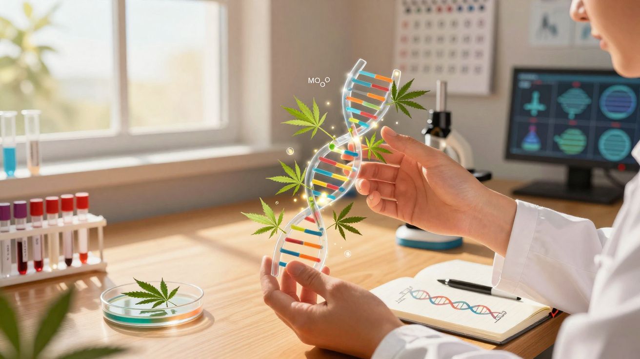 Pesquisador em laboratório segurando modelo 3D de DNA com folhas de cannabis ao redor.