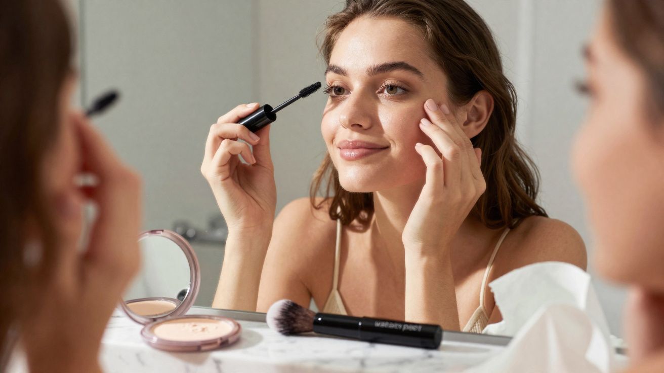 Mulher aplicando rímel enquanto se olha no espelho sobre bancada com maquiagem.