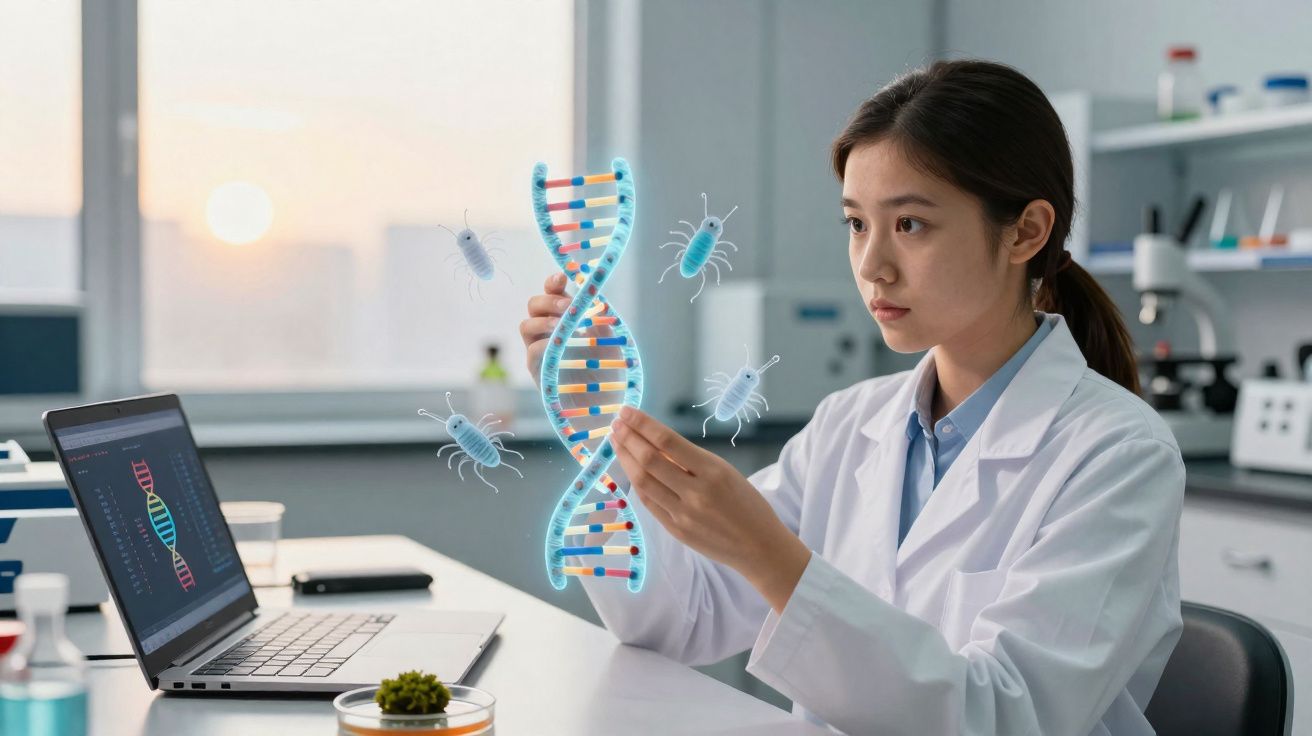 Cientista mulher em laboratório analisando modelo de DNA com bactérias virtuais ao redor.
