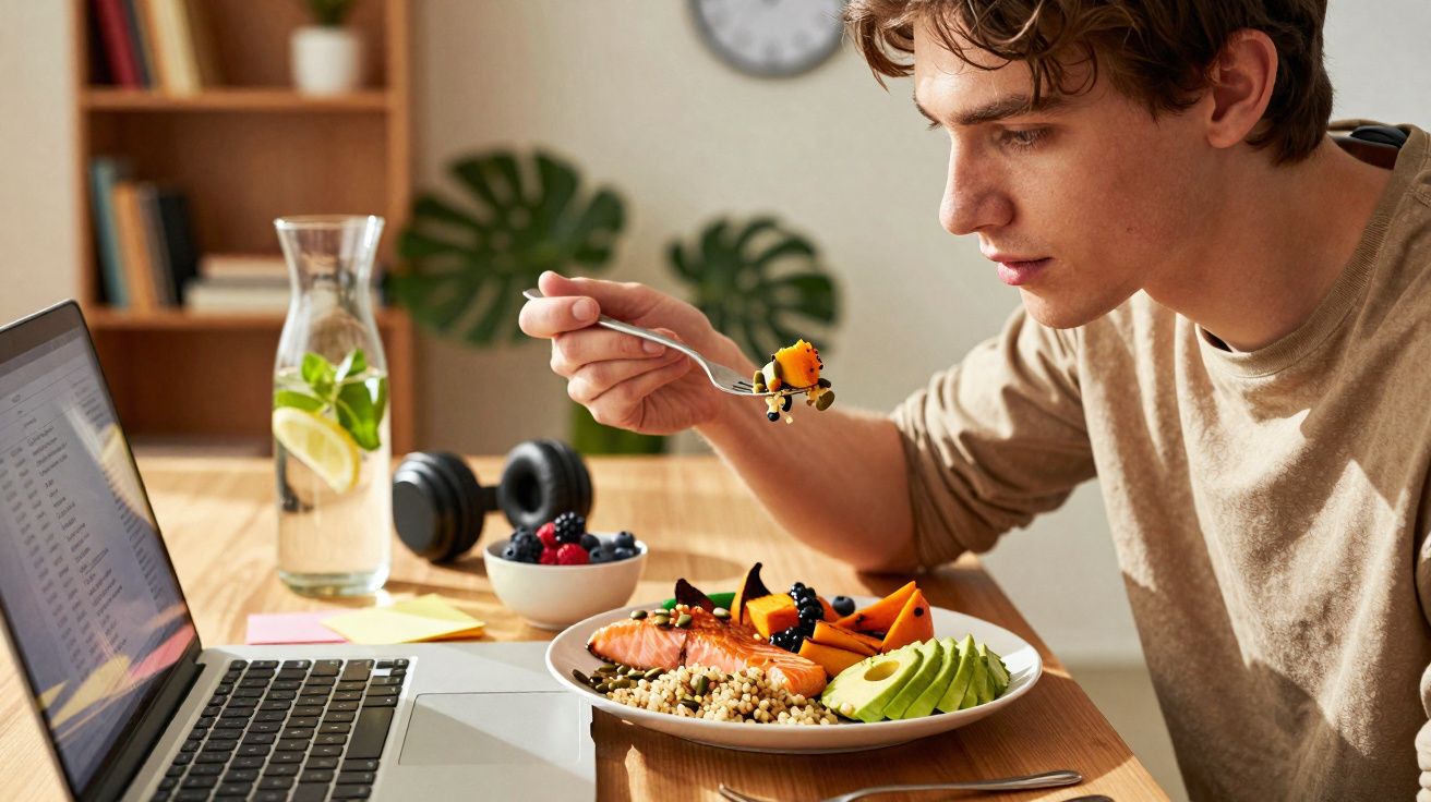Jovem comendo refeição saudável com salmão, abacate e quinoa enquanto usa laptop em mesa de madeira.