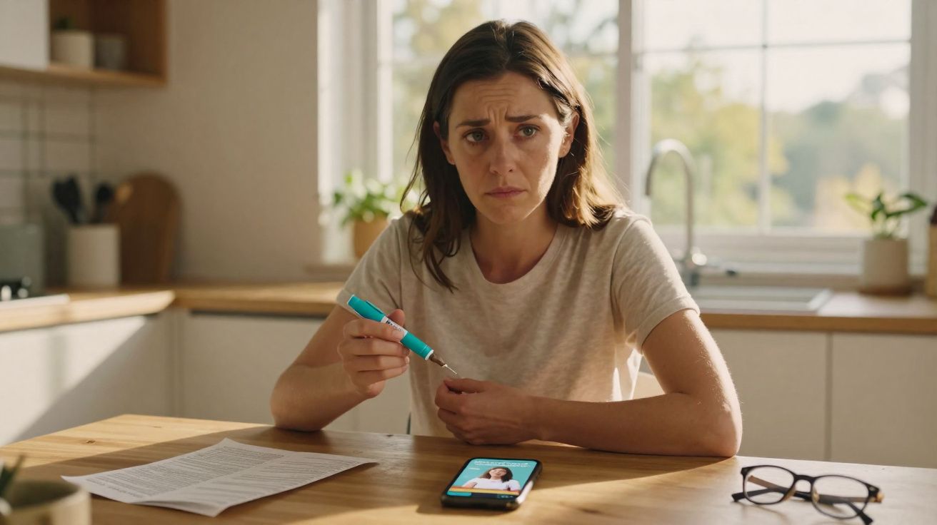 Mulher preocupada fazendo teste de glicemia à mesa da cozinha com celular e documentos à frente.