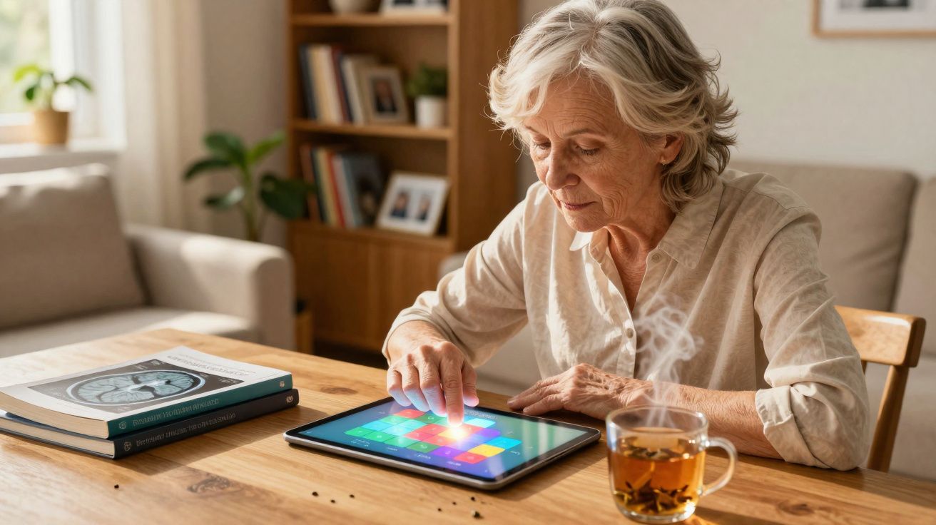 Mulher idosa usando tablet em mesa com xícara de chá fumegante e livros ao lado em ambiente aconchegante.