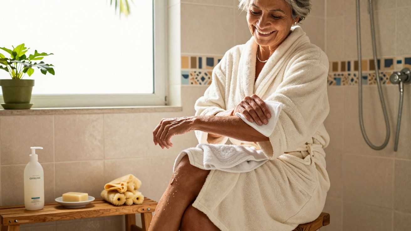 Mulher sorridente em roupão branco cuidando da pele do braço, sentada em banco no banheiro iluminado.