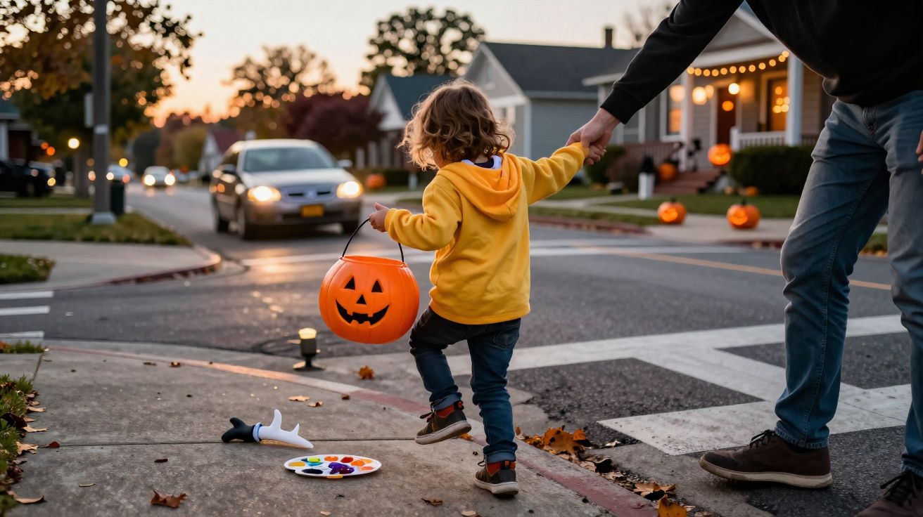 Criança com fantasia segurando balde de Halloween em formato de abóbora caminhando na rua ao entardecer.