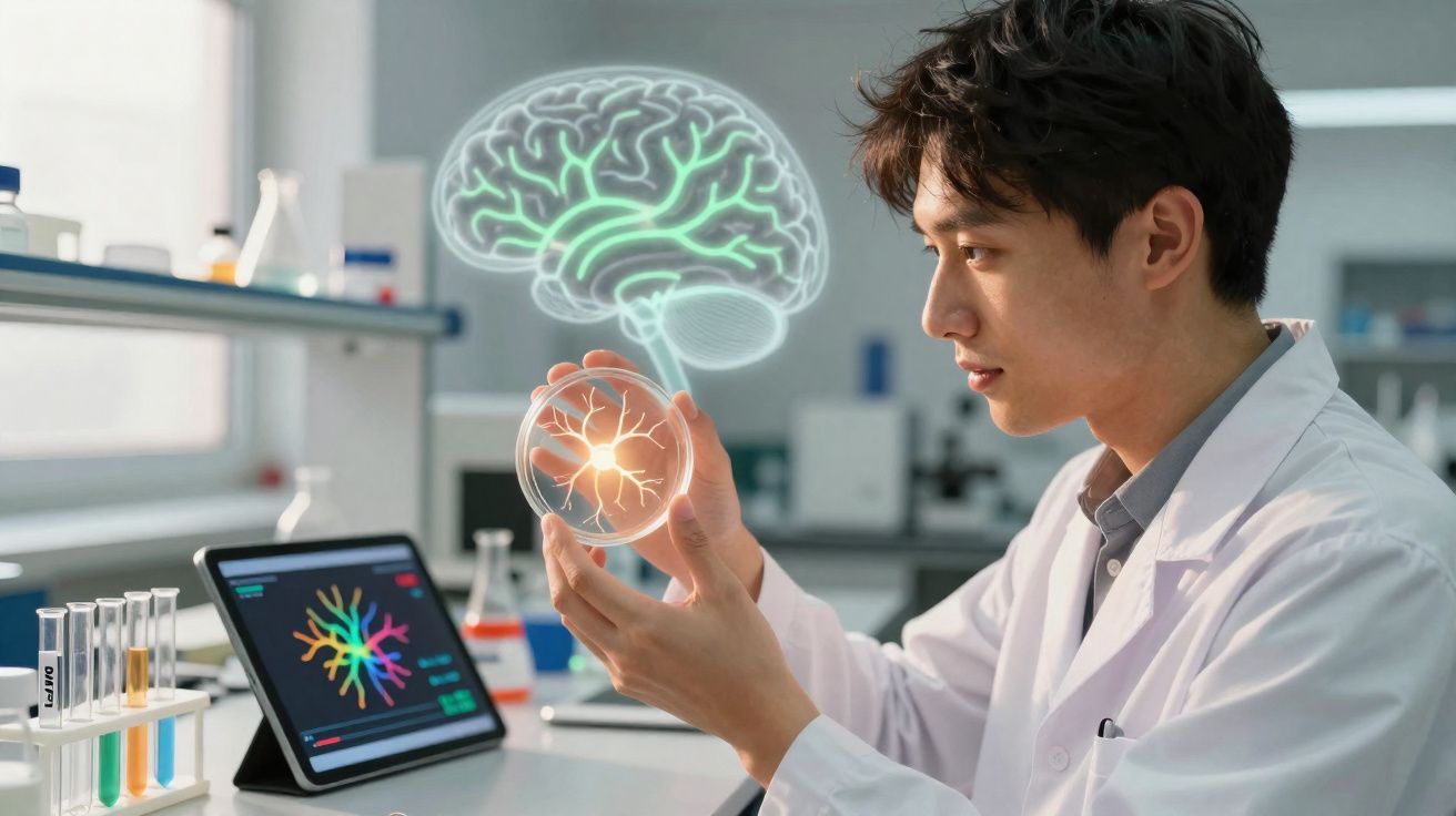 Cientista em laboratório segurando lâmina com célula neural e imagem digital de cérebro ao fundo.